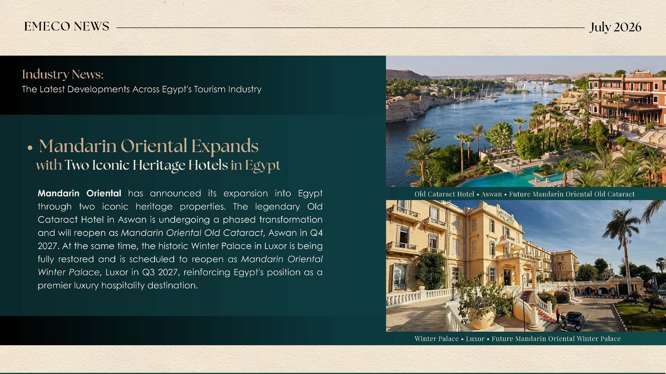 Old Cataract Aswan and Winter Palace Luxor — future Mandarin Oriental hotels