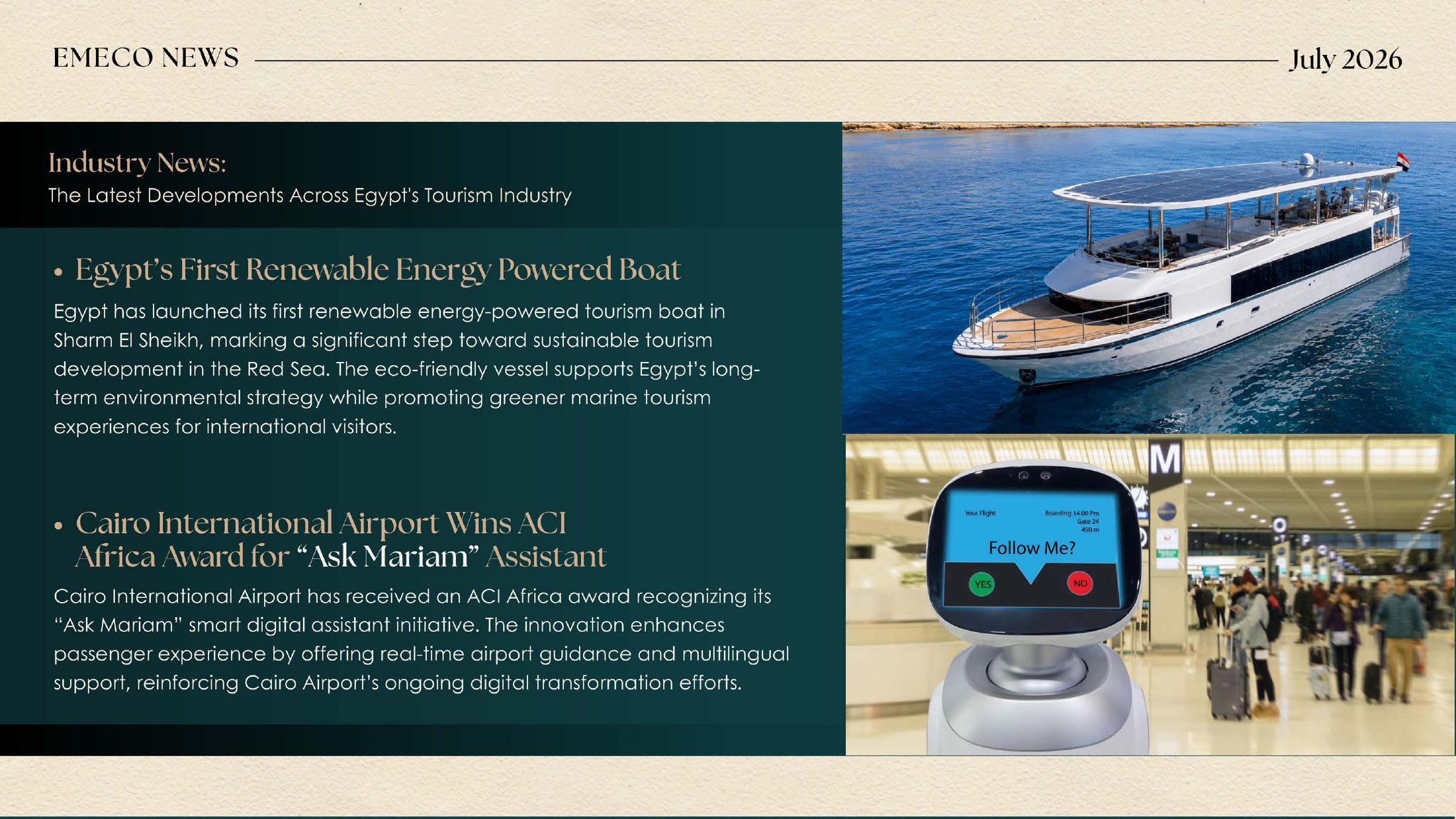 Egypt's first renewable energy boat and Ask Mariam airport assistant